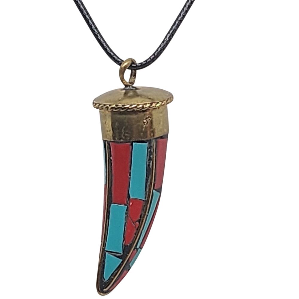 Nepal Brass Inlay Turquoise & Coral Tooth shaped Pendant Necklace boho